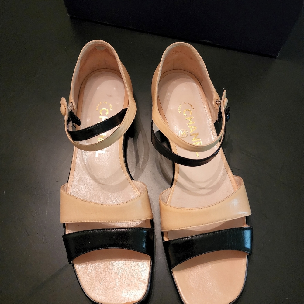 Chanel Tan and Black Sandals